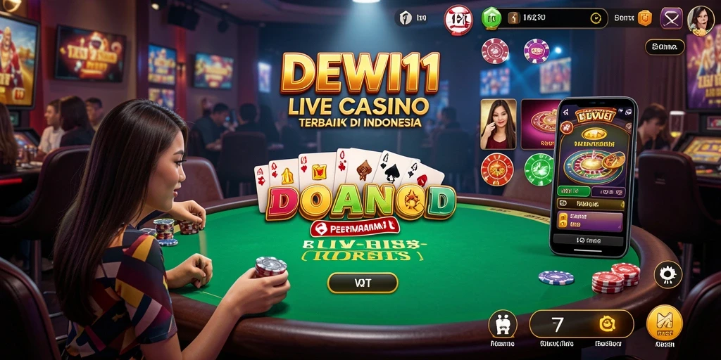 Screenshot utama DEWI11 menampilkan dealer live dan meja permainan yang dinamis.