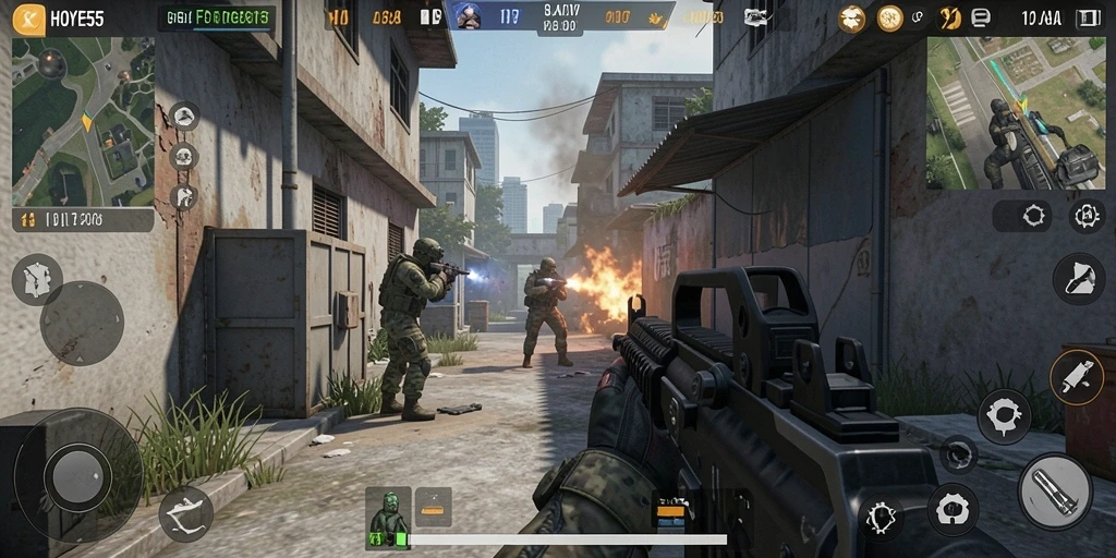 Screenshot gameplay <strong>HOYE55</strong> menunjukkan aksi tembak-menembak yang mendebarkan.