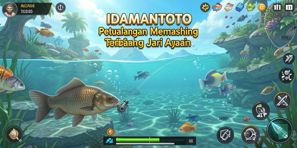 Screenshot gameplay IDAMANTOTO menampilkan momen menangkap ikan yang mendebarkan.