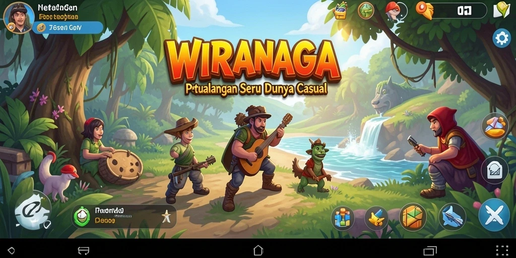 Tampilan gameplay WIRANAGA dengan karakter yang ceria.