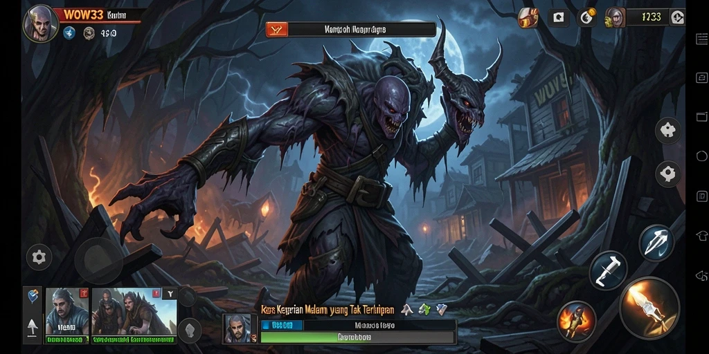 Screenshot gameplay WOW33 menunjukkan suasana mencekam dan karakter menakutkan.